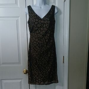 David Meister Navy Metallic Gold V neck rusched side midi Dress Sz 8 NWOT